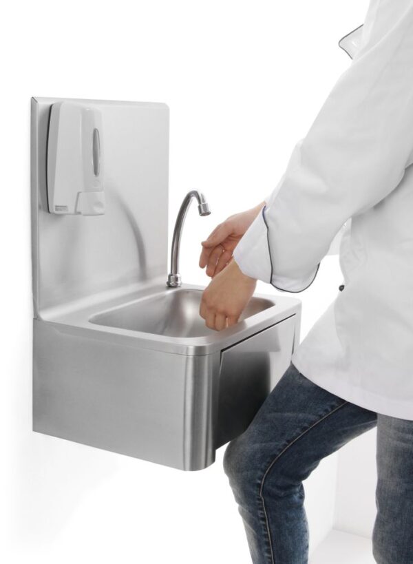 Hendi wasbak  | kraan kniebediening |	en zeepdispenser |